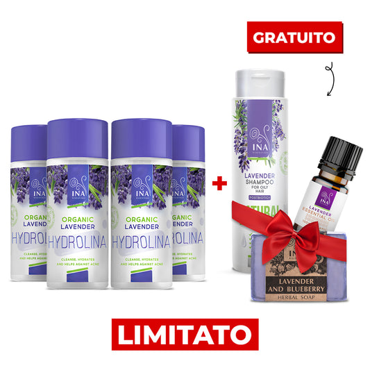Acquista 4 Hydrolina alla Lavanda e ricevi in omaggio 1 Shampoo alla Lavanda, 1 Olio Essenziale e 1 Sapone